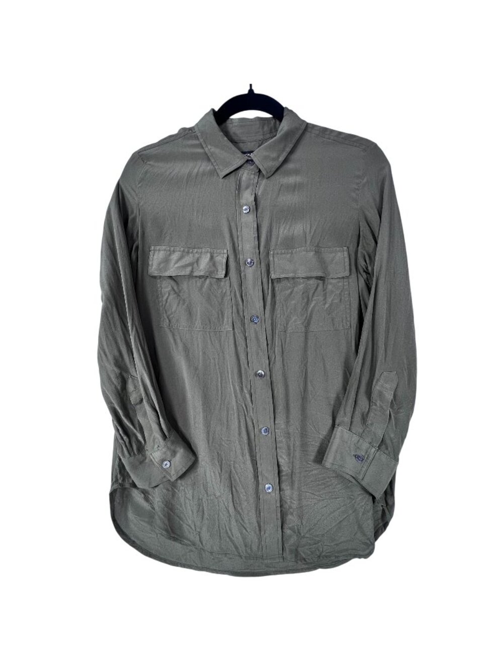 Banana Republic Womens 100% Silk Button Up Shirt M Olive Green Front Pockets